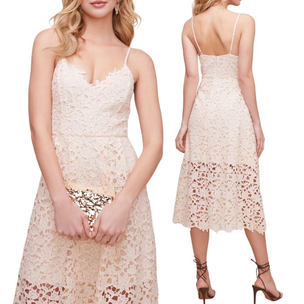 ASTR Crochet Lace Overlay Midi Dress Spaghetti Strap Ivory Buttercream Small